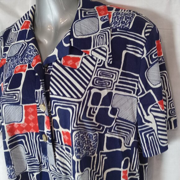 Vintage Blouse Button Down Shirt Women's Sz XL Blue Red White Geometric Retro - Picture 4 of 14